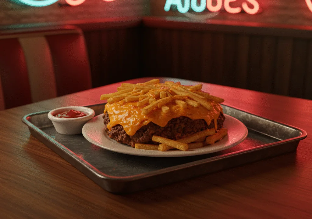 Scene showing Jughead's Burger and Fries Casserole in the Riverdale diner, hot and cheesy, with steam rising, surrounded by retro decor and neon lighting that evoke the TV show's atmosphere.