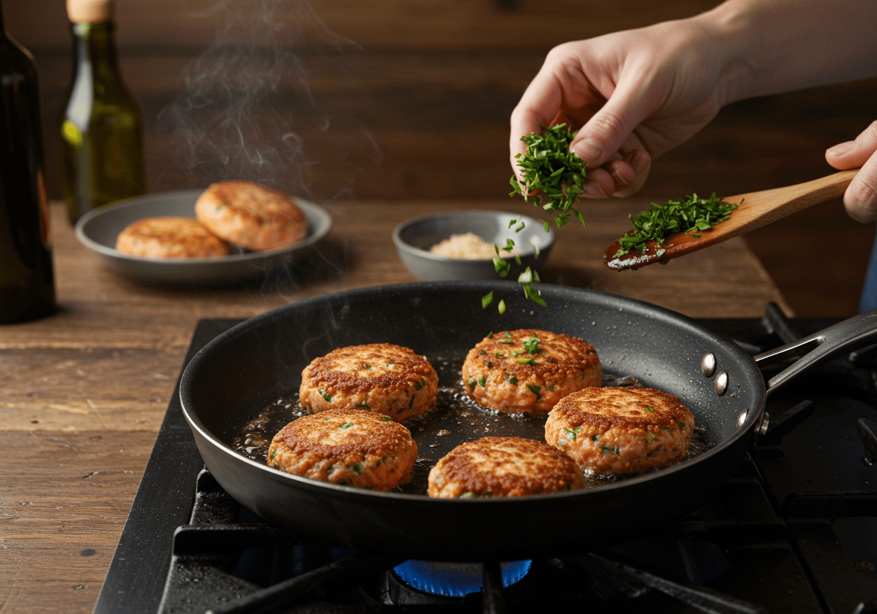 A close-up of salmon patties cooking in a skillet, with a rustic kitchen and ingredients like fresh herbs in the background, depicting the culinary process behind making Riverdale Sweetwater River Salmon Patties.