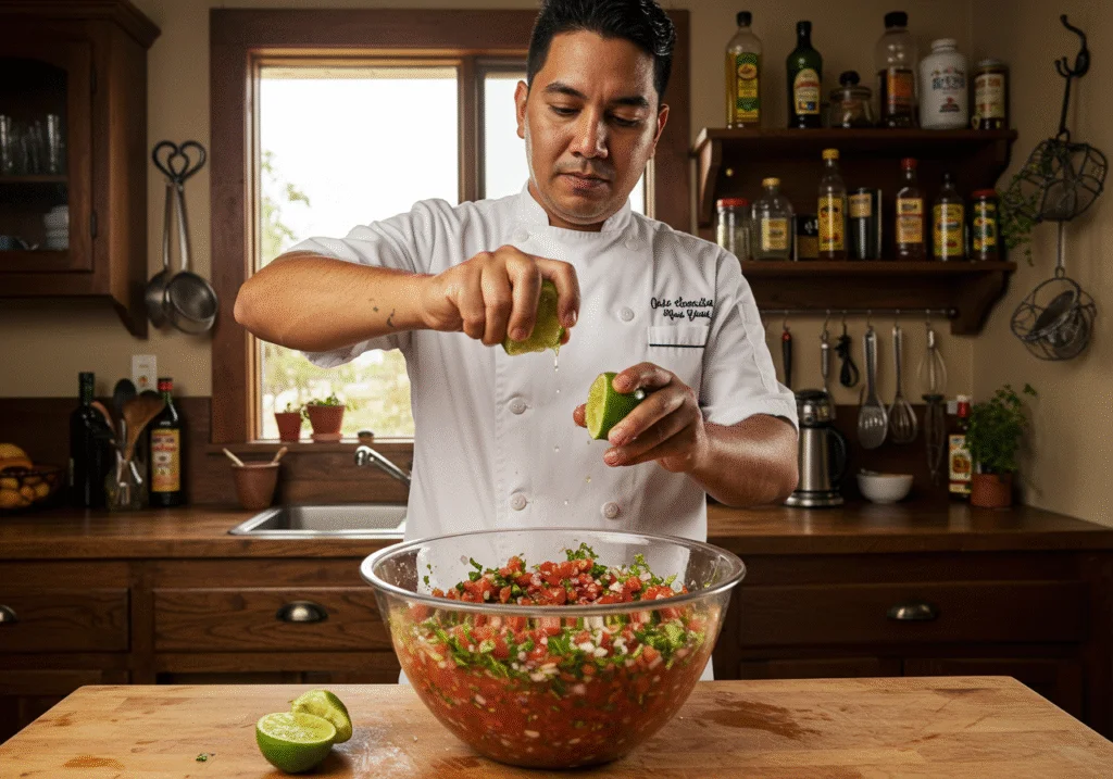 A chef adding fresh lime juice to enhance the flavors of Selena Jennifer Lopez's Spicy Mango Salsa in a well-equipped kitchen.