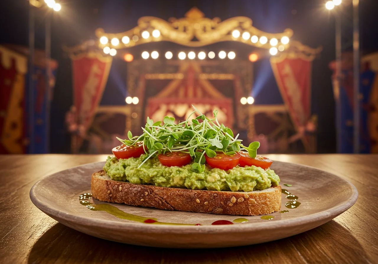 An inviting image of avocado toast with fresh toppings on a wooden table, set in a warm, vintage breakfast setting inspired by The Greatest Showman, with soft lighting and theatrical decor in the background.