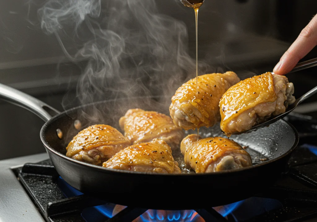 Sizzling chicken in a skillet with golden glaze for The Hobbit Smaug's Golden Glazed Chicken cooking.