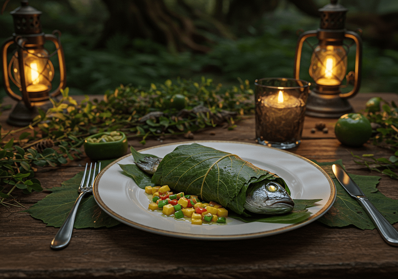A realistic image of an Elven chef presenting the leaf-wrapped fish to guests in a magical forest or elven hall, with lush trees and glowing lights, depicting the fantasy food inspired by Lord of the Rings.