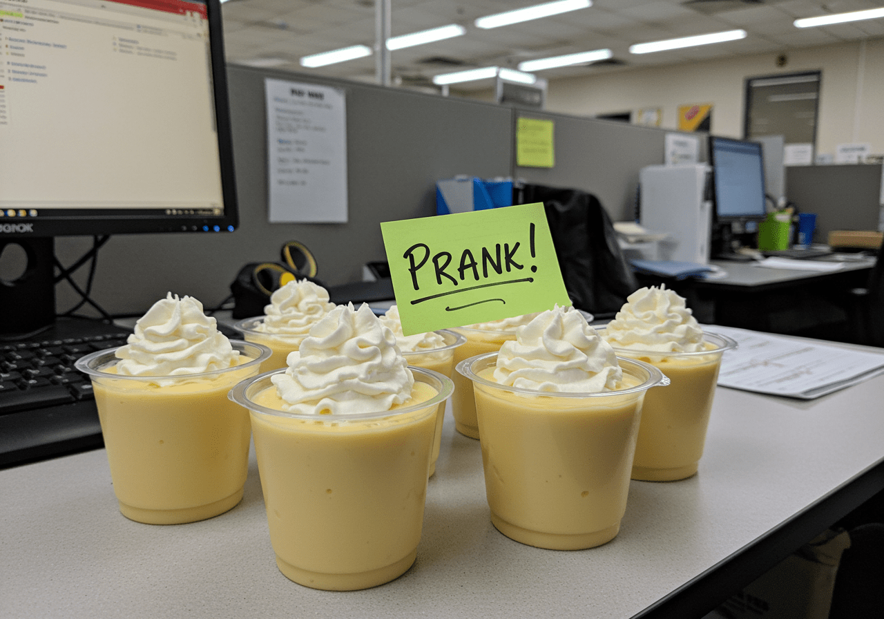 A detailed scene of Jim's Prank Pudding Cups on an office desk, featuring whipped cream-topped pudding and a funny note, in the setting of The Office. The background includes desks, computers, and office supplies, creating a fun and authentic office atmosphere.