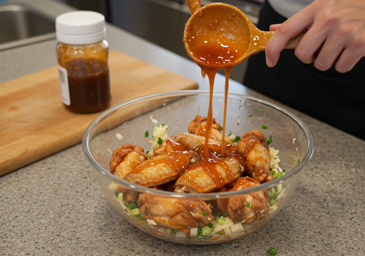 Tossing fried chicken wings in a spicy sauce for The Simpsons Flaming Moe's Chicken Wings, enhancing flavor and appearance.