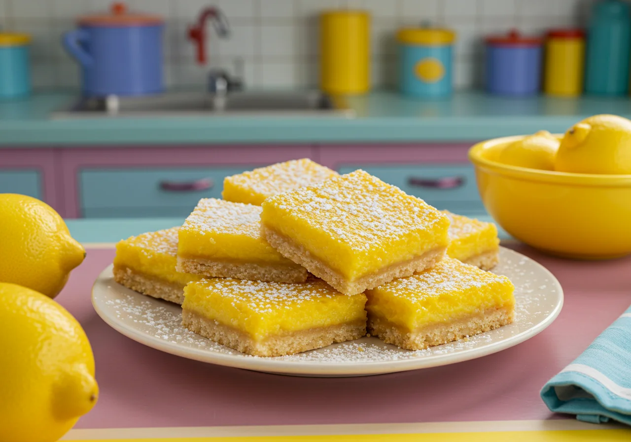 Immersive scene of Milhouse's Lemon Bars in the Simpsons' kitchen, on a tray with slices cut out, set against a lively background of Springfield-themed decor and cartoon-style furnishings.
