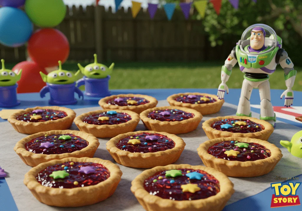 Scene of Buzz Lightyear at a toy-themed party table outdoors, with Galactic Grape Jelly Tarts on a Toy Story-themed plate, surrounded by balloons, toy soldiers, and decorations reminiscent of the Toy Story universe, creating a lively and festive setting for kids' party treats.