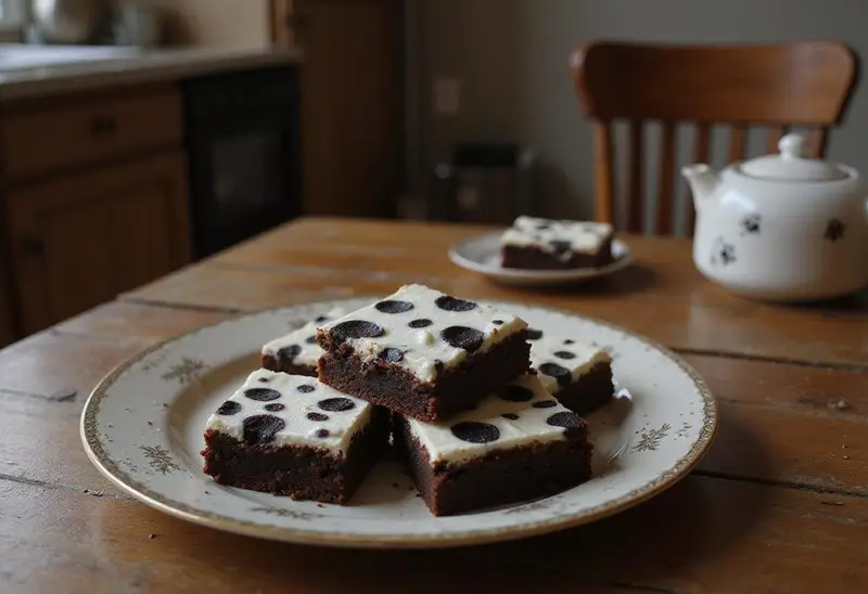 Delicious black and white brownies styled like Dalmatian spots, displayed on a plate in a 101 Dalmatians-themed kitchen setting.