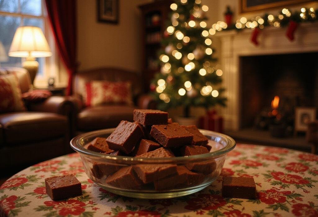 Chocolate fudge inspired by A Christmas Story on a festive holiday table, perfect for Christmas candy lovers.