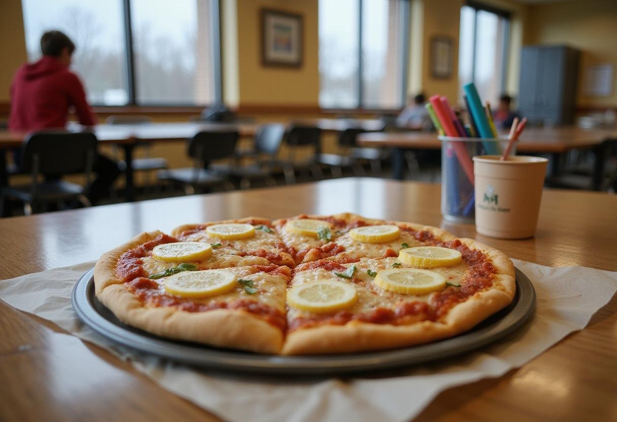 Abbott Elementary's School Cafeteria Pizza served in a school cafeteria with a homemade look, highlighting the school lunch food in a realistic setting.