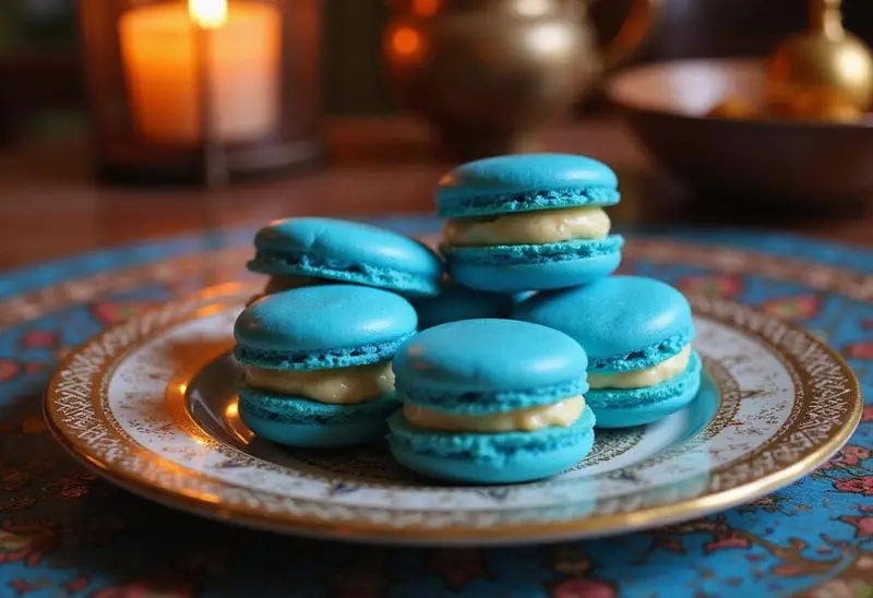 Aladdin's Genie's Blue Macarons displayed on a Moroccan-inspired table, highlighting colorful and delicious Genie-themed treats.