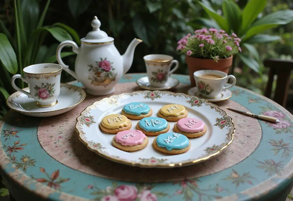 Alice in Wonderland's Eat Me Cookies decorated with colorful icing on a whimsical tea party table, perfect for fans of Alice in Wonderland recipes