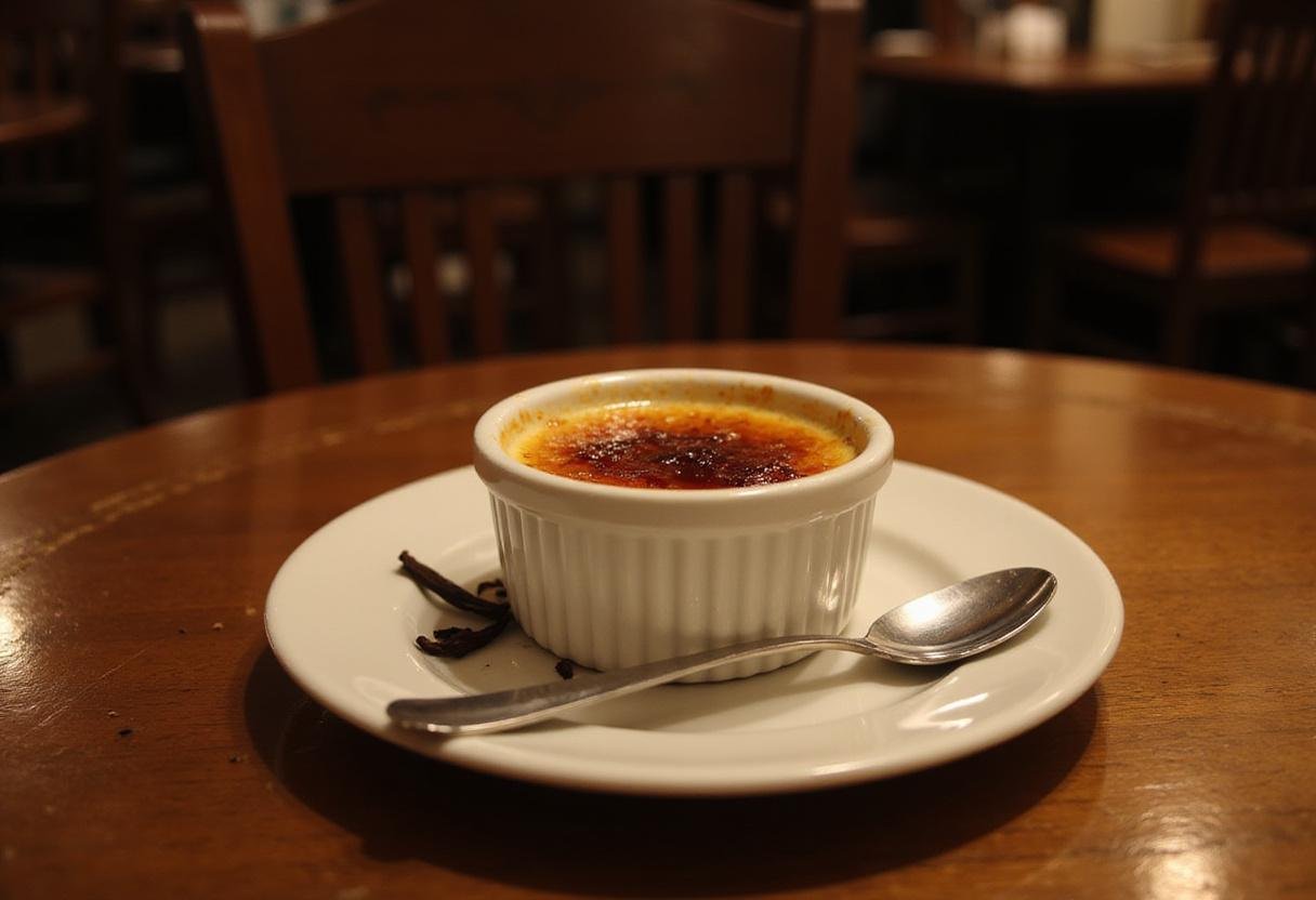 Amélie's crème brûlée served in a white ramekin with caramelized sugar crust in a cozy Paris café setting, inspired by the movie Amélie, French dessert.