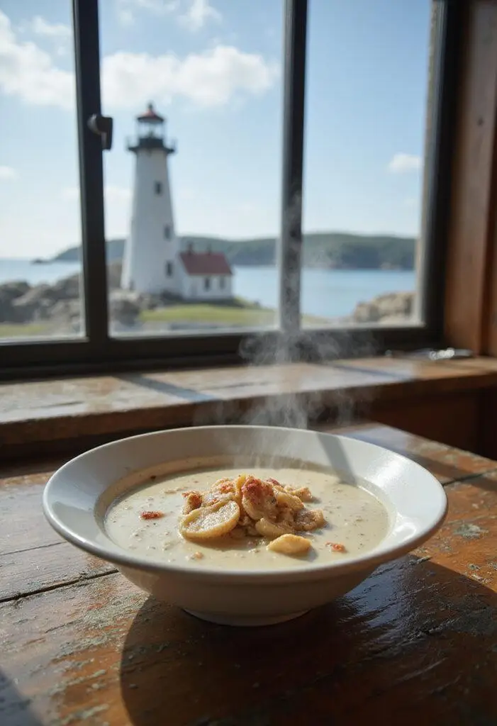 Aquaman Amnesty Bay Lighthouse Clam Chowder served in a bowl on a rustic table with maritime decor, inspired by the seaside world of Aquaman.