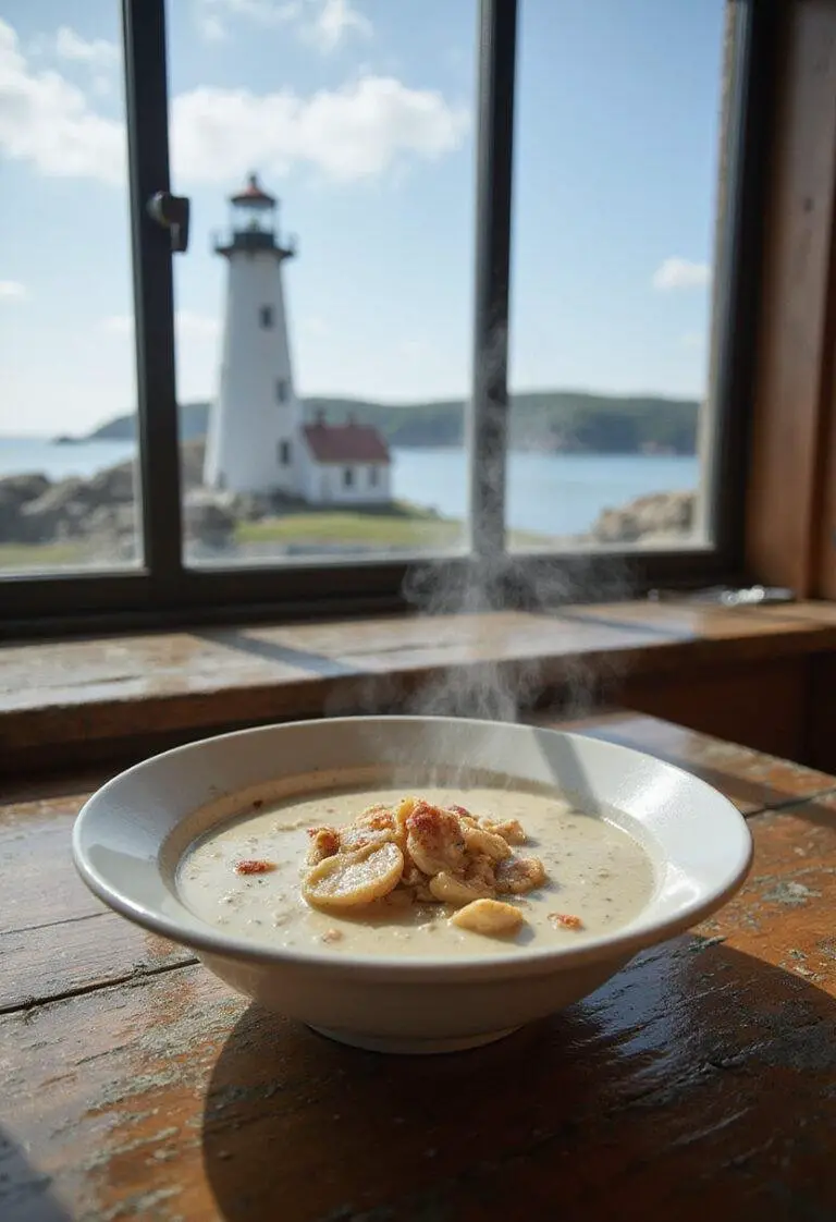 Aquaman Amnesty Bay Lighthouse Clam Chowder served in a bowl on a rustic table with maritime decor, inspired by the seaside world of Aquaman.