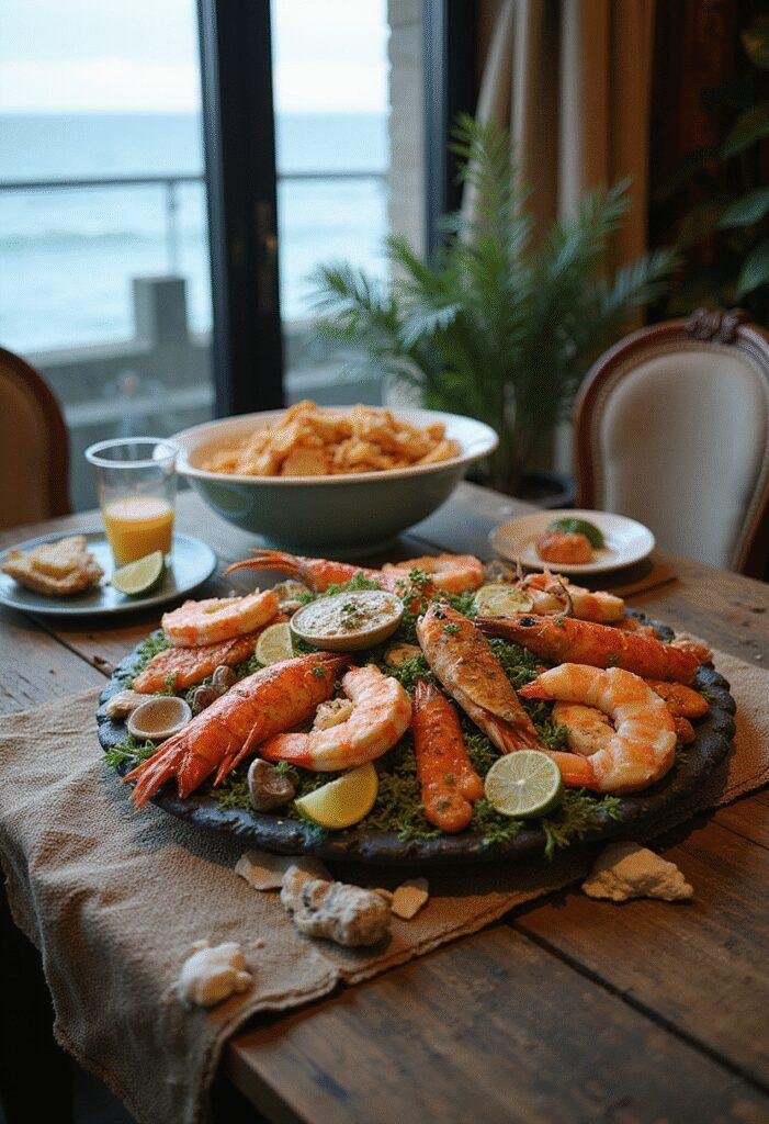 Aquaman Arthur Curry's King of Atlantis Seafood Platter served on an ocean-themed table with fresh seafood and coral decorations, set by the sea.