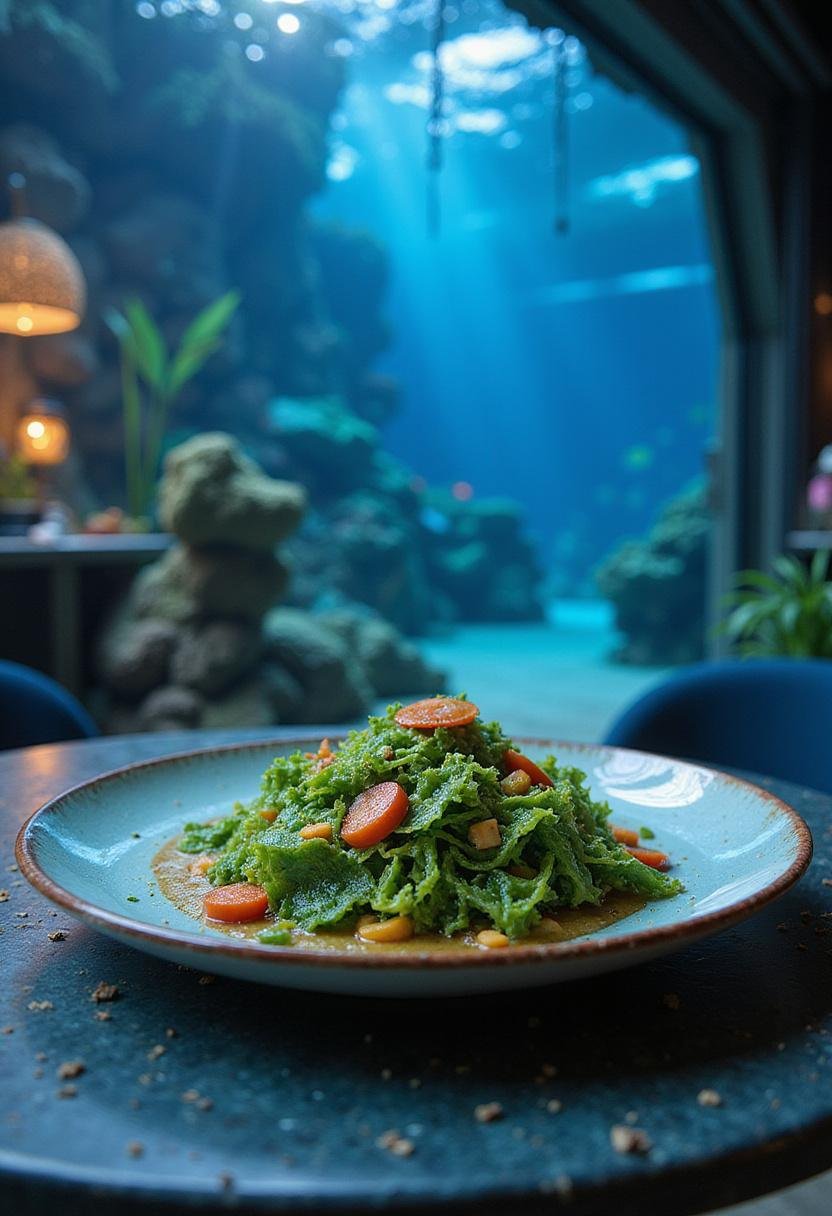 Aquaman Atlantis Seaweed Salad in an underwater Atlantis setting with fresh green seaweed and colorful toppings on a ceramic plate