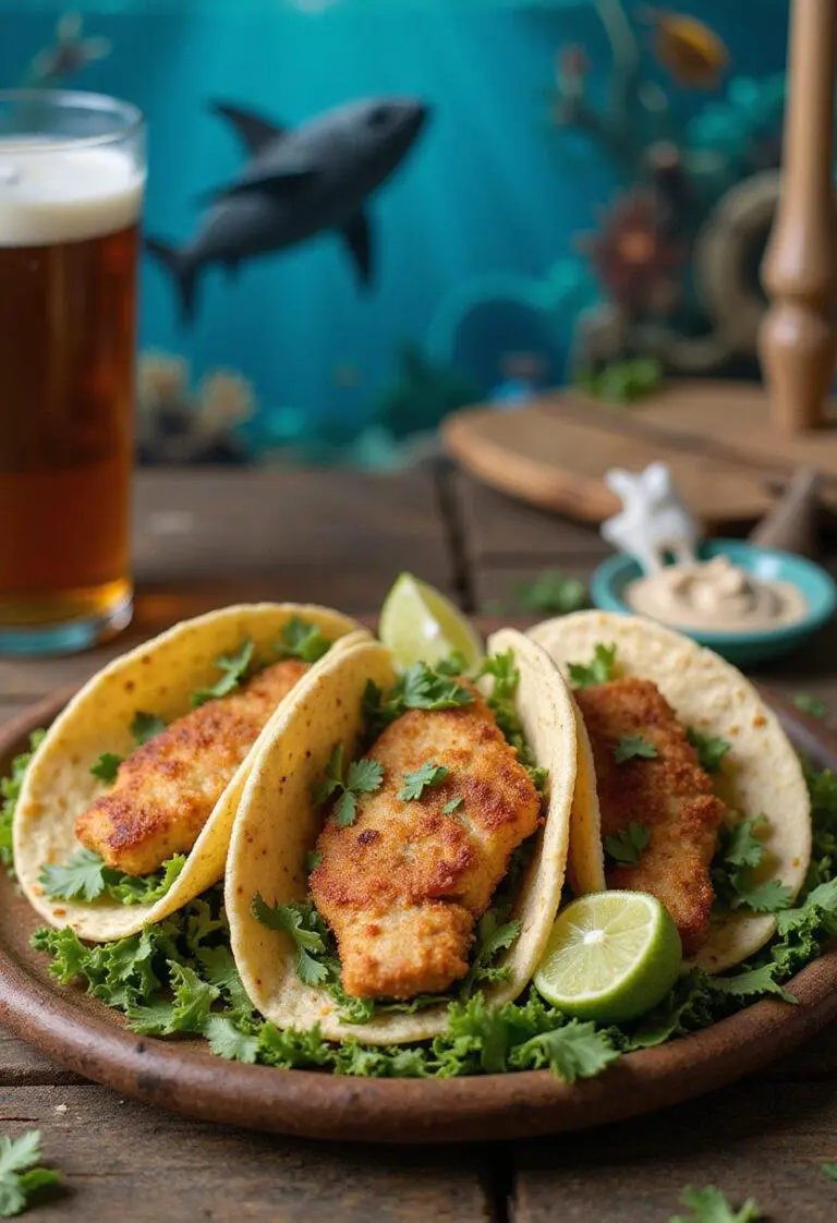 Aquaman Black Manta's Vengeance Blackened Fish Tacos on a rustic plate with fresh garnishes in a nautical-themed setting