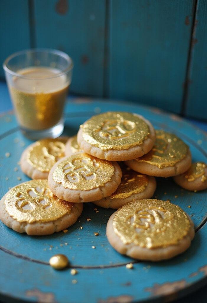 Aquaman King Atlan's Gold Coin Cookies displayed on a nautical table with ocean-themed decor and metallic gold accents, inspired by Atlantis.