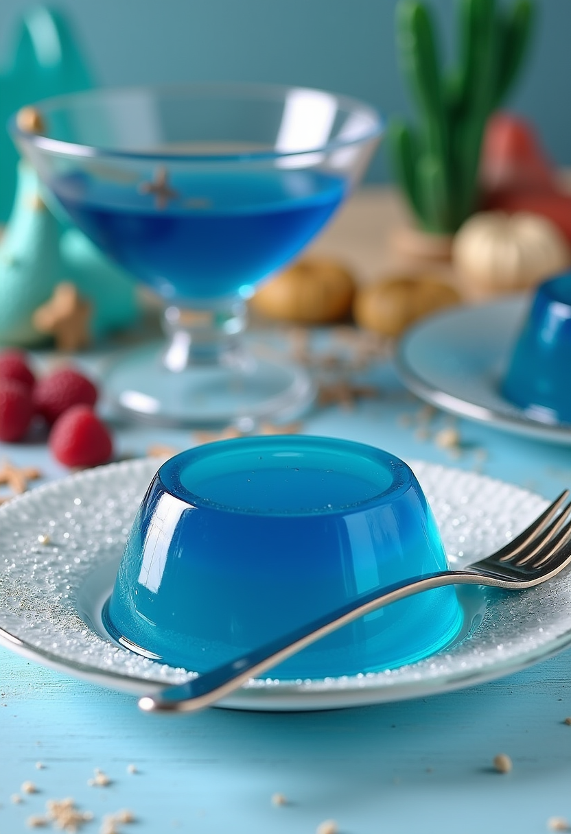 Aquaman Mera's Ocean's Rage Blue Raspberry Jello served on a seaside-themed table with ocean decorations, capturing the essence of underwater adventures.