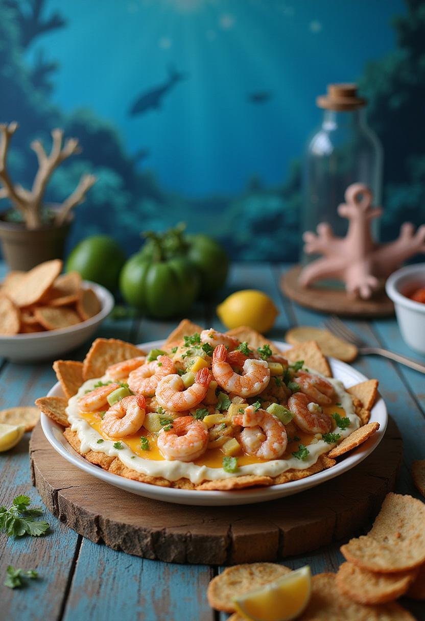 Aquaman The Seven Seas Layered Dip displayed in a nautical setting with seafood, cheese, and vegetables, inspired by the underwater world of Aquaman.