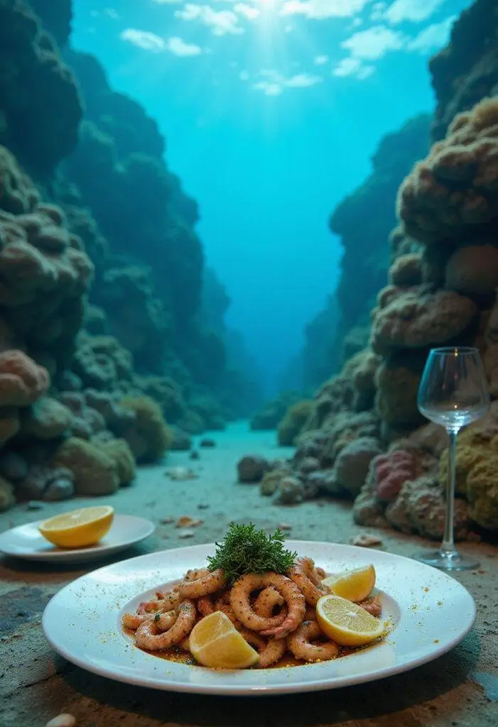 Aquaman The Trench Creature Calamari plated on a marine-themed table in an underwater scene with coral and seaweed.