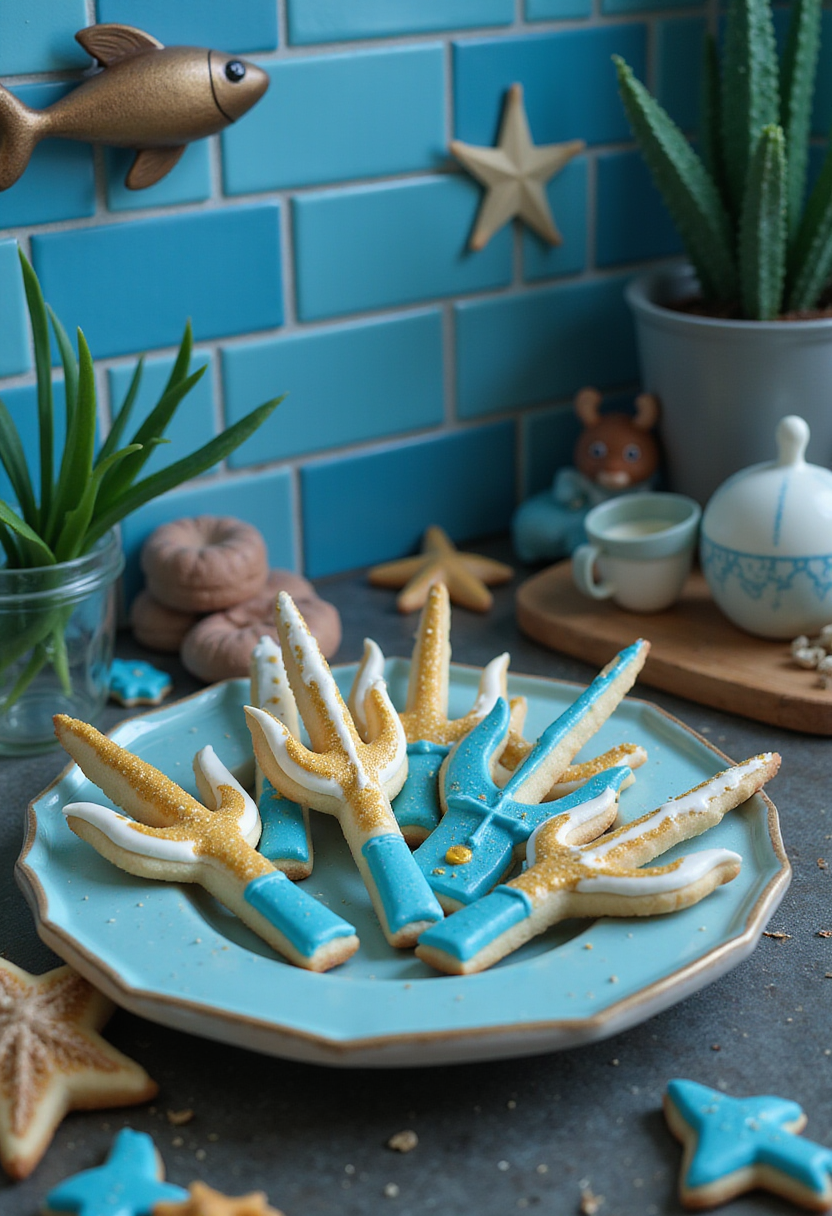 Aquaman Trident Sugar Cookies decorated with blue, gold, and white icing, displayed on a plate in an underwater-themed kitchen setting.