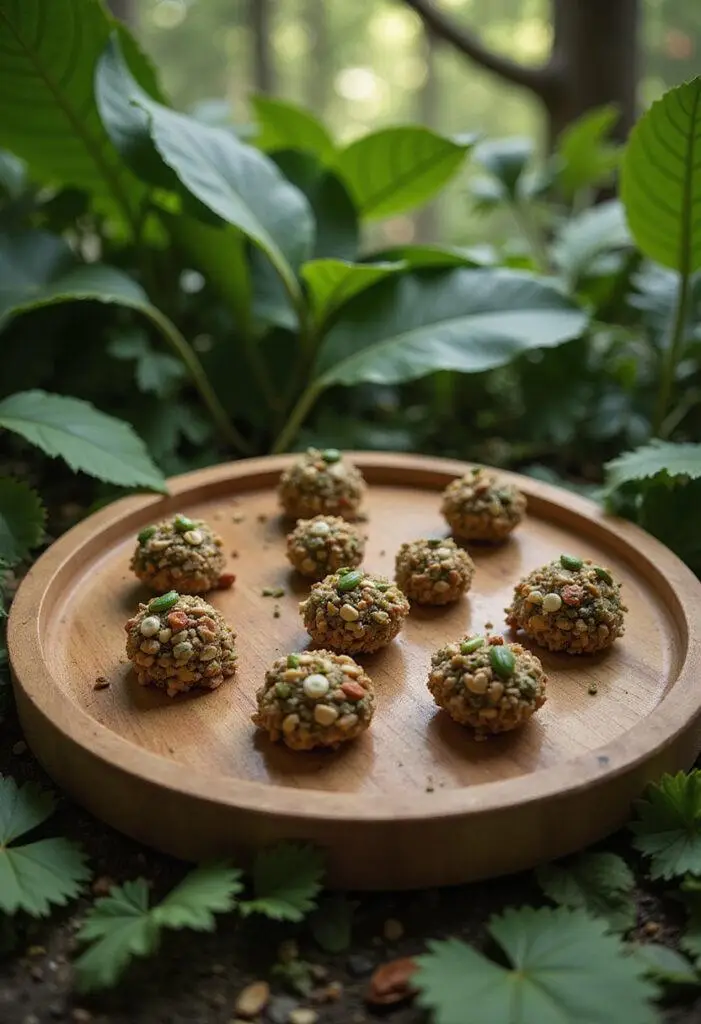 Avatar Eywa's Seeds of Life Energy Bites on a wooden tray amidst lush greenery, featuring natural seeds and nuts in a vibrant Pandora-inspired setting