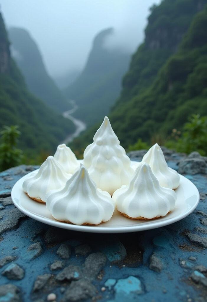 Avatar Floating Mountains Meringue Cookies plated in a Pandoran landscape with lush greenery and mist, capturing the mystical floating mountain scene.