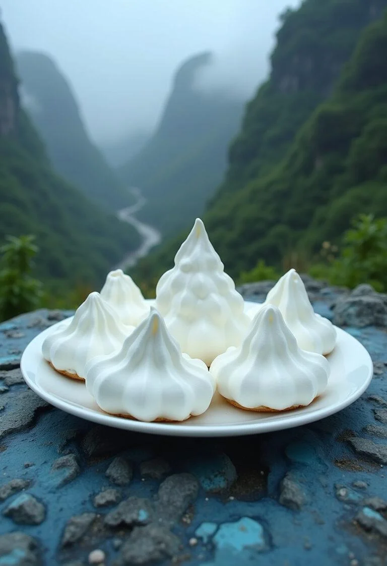 Avatar Floating Mountains Meringue Cookies plated in a Pandoran landscape with lush greenery and mist, capturing the mystical floating mountain scene.