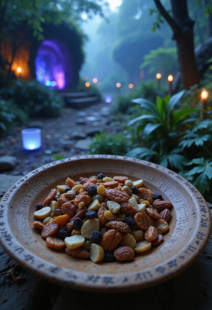 Avatar Jake Sully's Dreamwalker Trail Mix on a tribal plate in Pandora's lush jungle setting with glowing plants and exotic wildlife