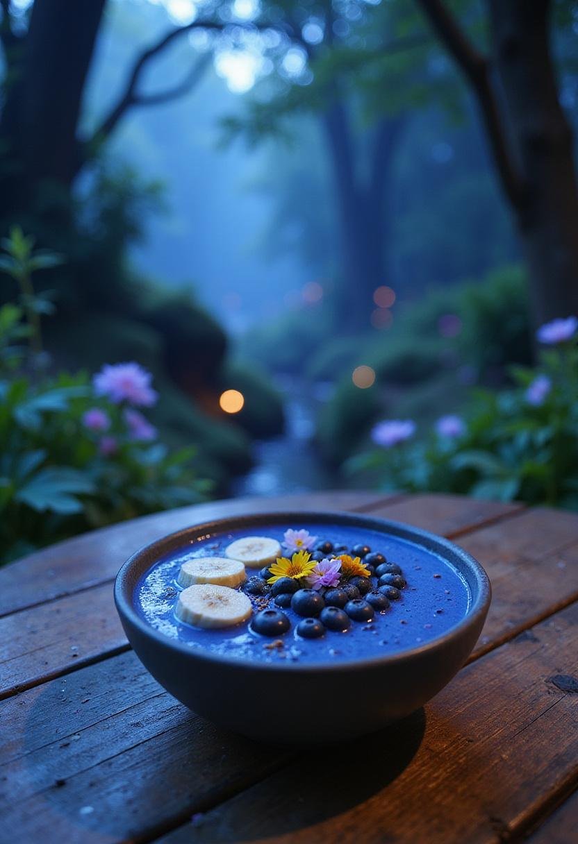 Avatar Na'vi Blueberry Smoothie Bowl with fresh fruits and edible flowers on a wooden table in a lush forest setting inspired by the Avatar movie