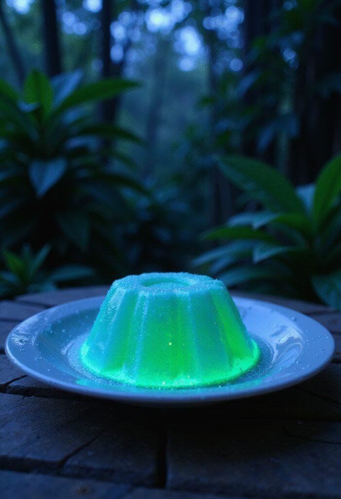 Avatar Pandora Bioluminescent Jello glowing blue and green on a wooden table in a lush jungle setting inspired by the movie.