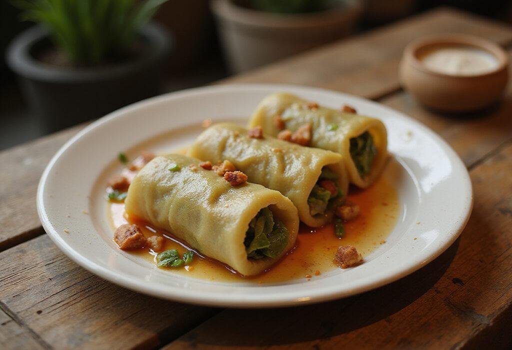 Avatar-inspired cabbage rolls plated in a marketplace setting, showcasing the Cabbage Merchant's traditional dish from Avatar: The Last Airbender.