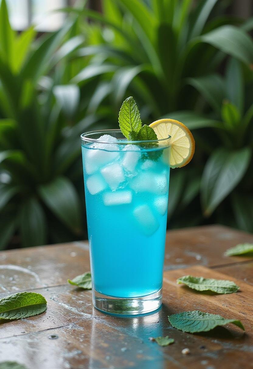 Avatar The Way of Water Blue Lagoon Mocktail in a clear glass with lemon and mint on a wooden table outdoors, reflecting water and nature themes.