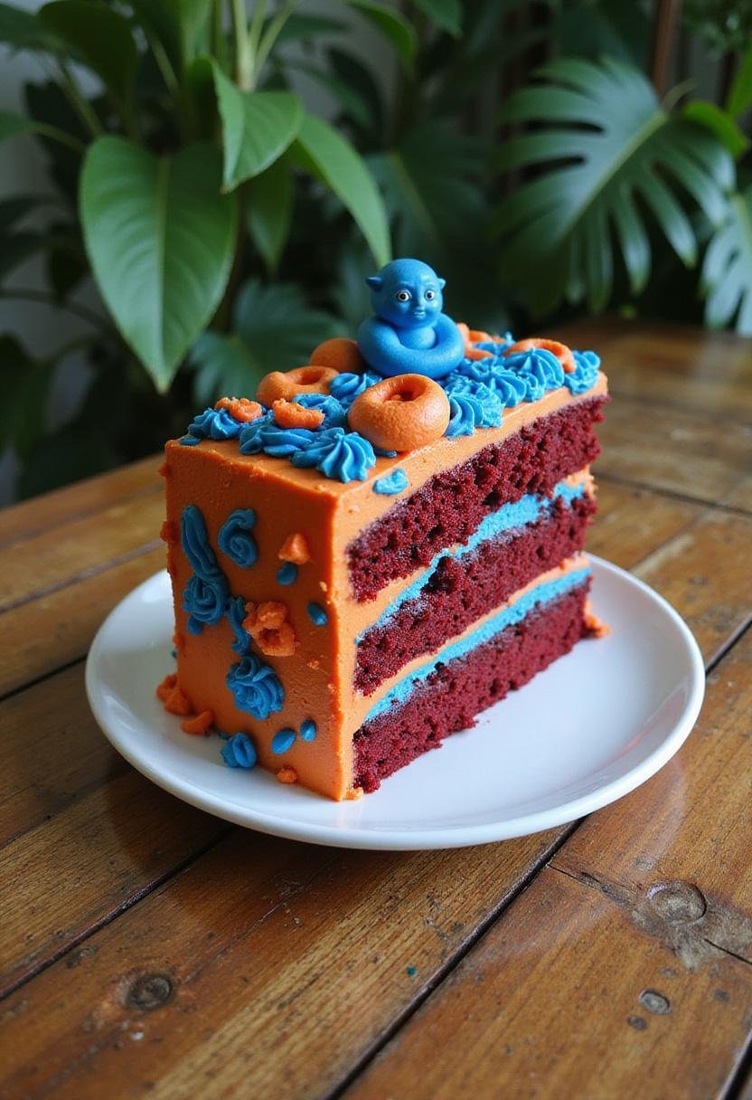 Avatar Toruk Makto Red Velvet Cake decorated with blue and orange icing in a Pandora-inspired setting