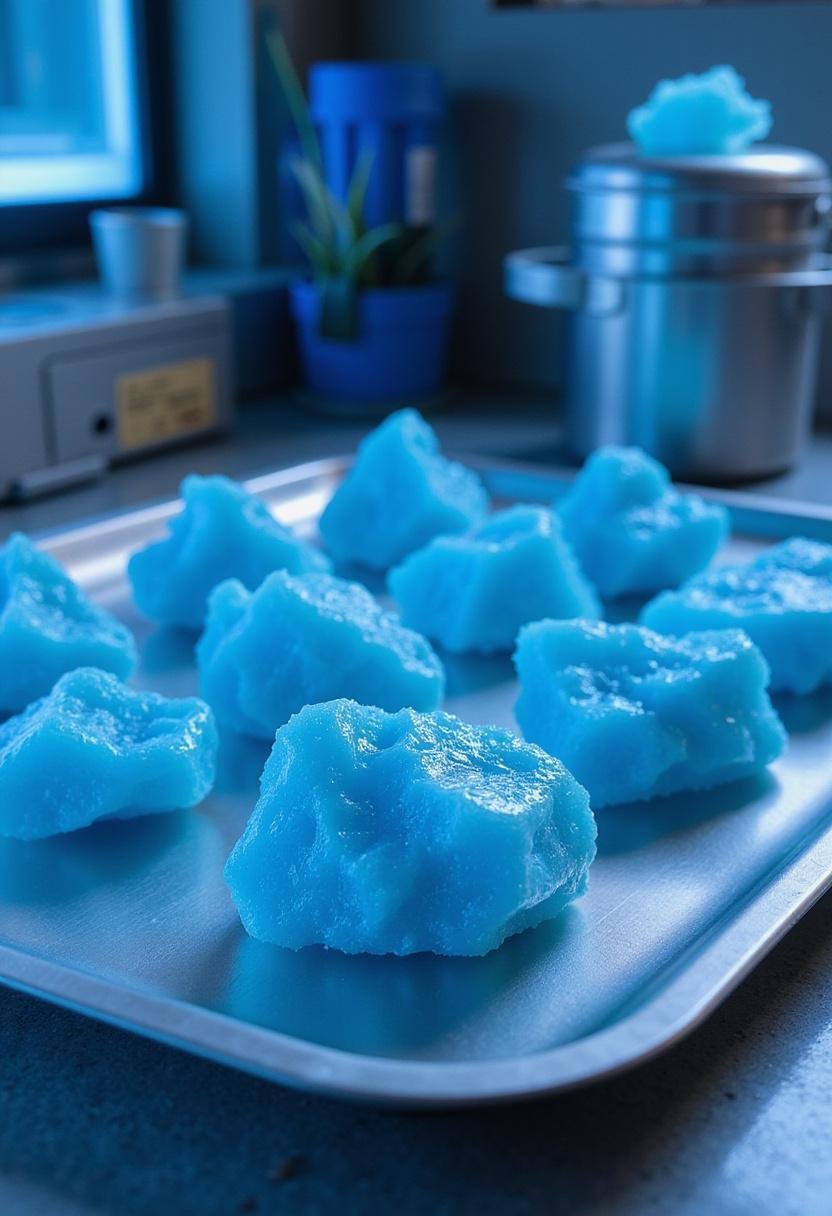 Avatar Unobtanium Rock Candy plated on a metallic tray in a futuristic laboratory for a sci-fi themed dessert display