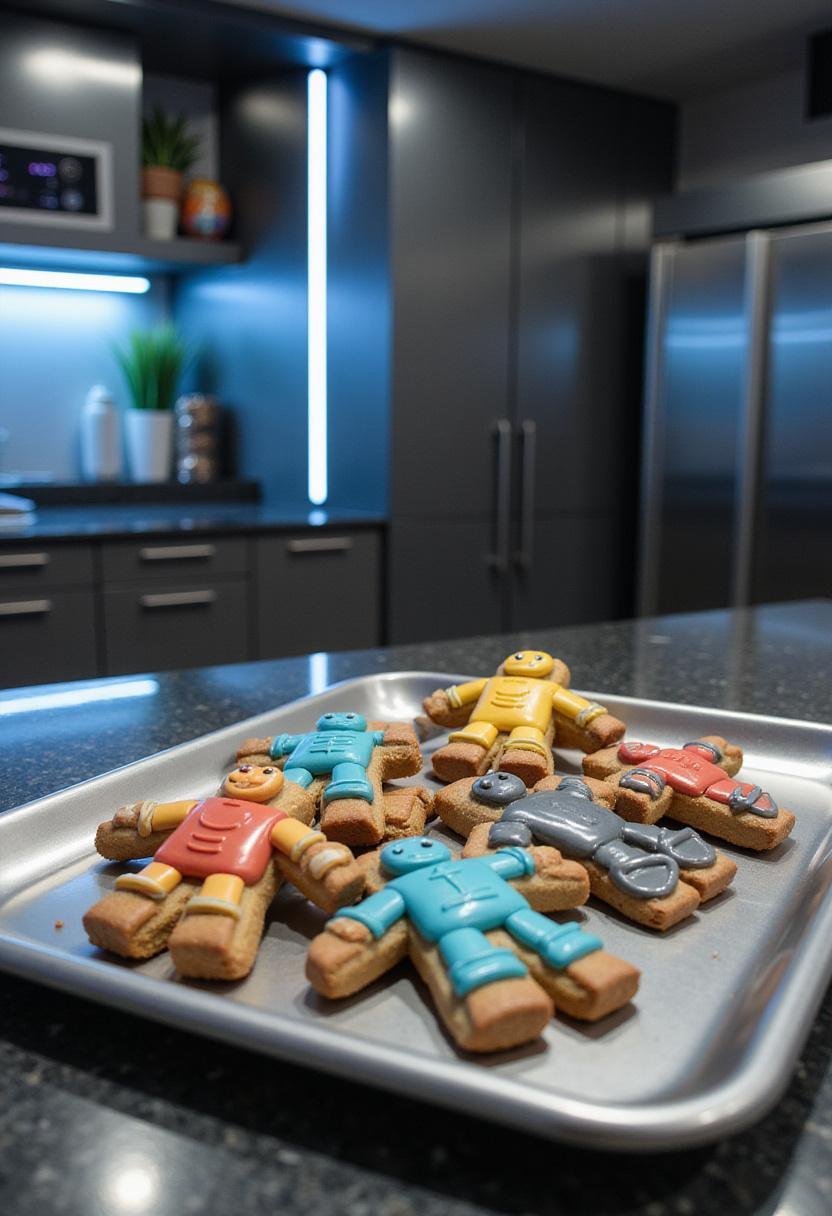 Avengers Age of Ultron robot-shaped cookies on a tray in a futuristic kitchen, decorated with metallic icing and vibrant colors, inspired by the superhero movie.