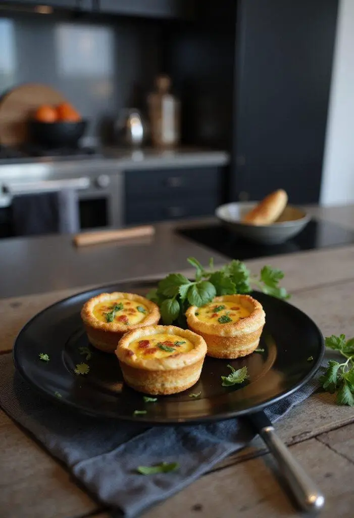 Avengers Black Widow's Bite-Sized Quiches arranged on a black plate with herbs in a Marvel-inspired kitchen setting