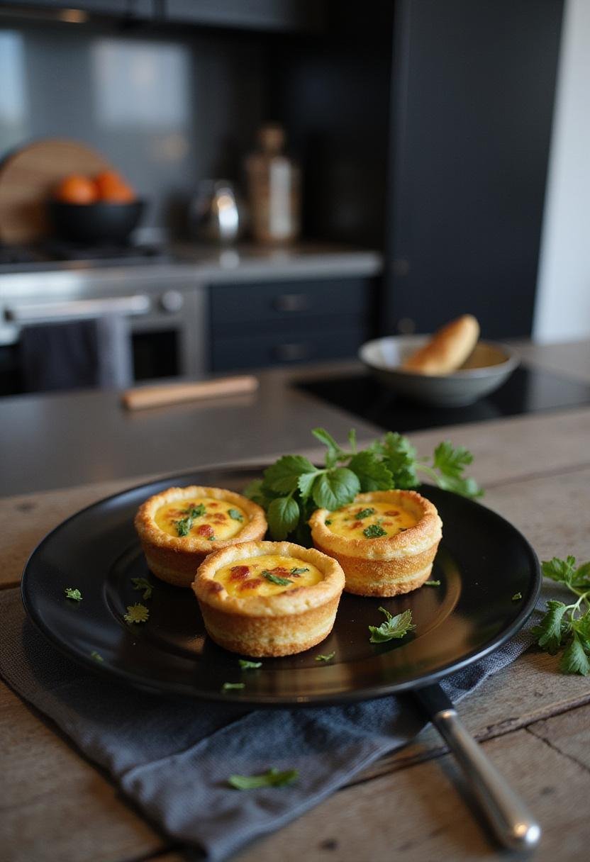 Avengers Black Widow's Bite-Sized Quiches arranged on a black plate with herbs in a Marvel-inspired kitchen setting