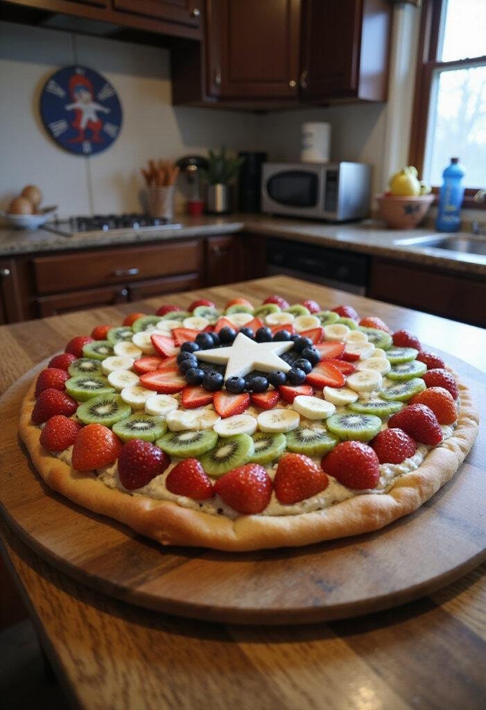 Captain America's Shield Fruit Pizza with colorful fruit toppings on a rustic wooden table in a superhero-themed kitchen.