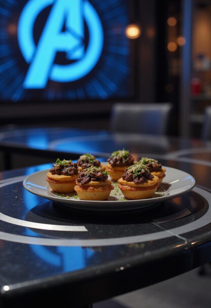 Avengers Doomsday Black Widow Bite-Sized Bombs plated as a perfect bite-sized appetizer in a high-tech Avengers-themed setting, ready to serve.