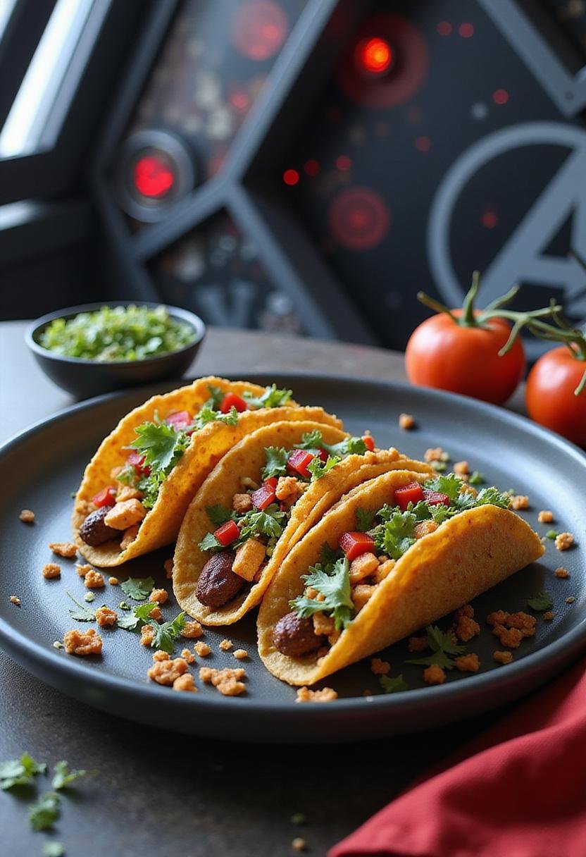 Avengers Doomsday Captain Crunch Time Tacos plated in a superhero-themed setting, showing vibrant ingredients and futuristic decor.