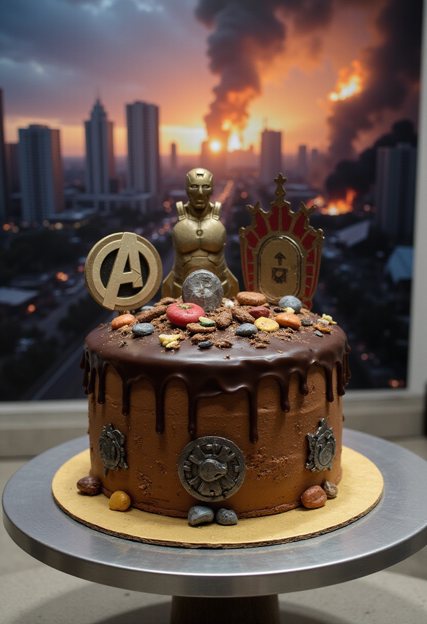 Avengers Doomsday Chocolate Fallout Cake, a realistic themed dessert with superhero decorations on a cityscape background.