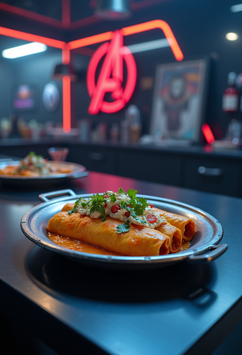 Avengers themed enchiladas plated on a metallic shield with Avengers symbols in a high-tech laboratory setting, inspired by Marvel's Endgame.