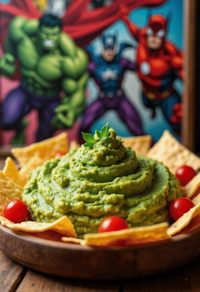 Hulk Smash Guacamole served on a wooden platter with cherry tomatoes and tortilla chips in a Marvel-themed setting, perfect for superhero fans.