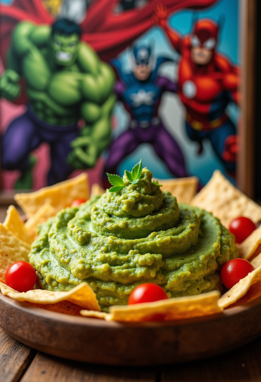Hulk Smash Guacamole served on a wooden platter with cherry tomatoes and tortilla chips in a Marvel-themed setting, perfect for superhero fans.