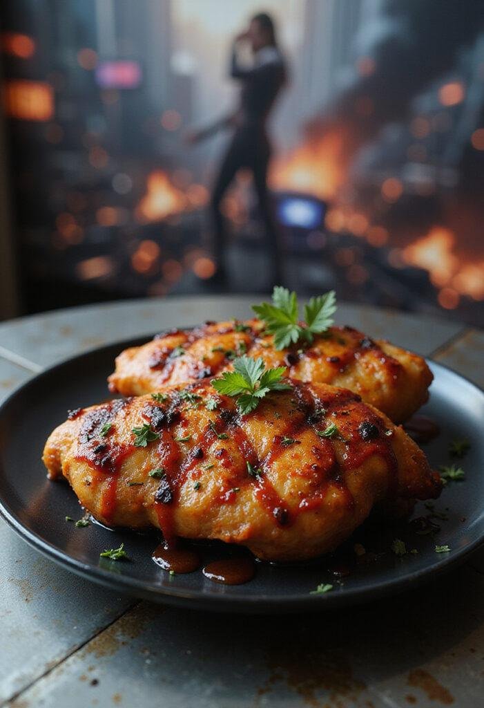 Avengers Doomsday Iron Flame Grilled Chicken plated realistically in a futuristic Avengers-themed setting, showcasing fiery glazed grilled chicken.