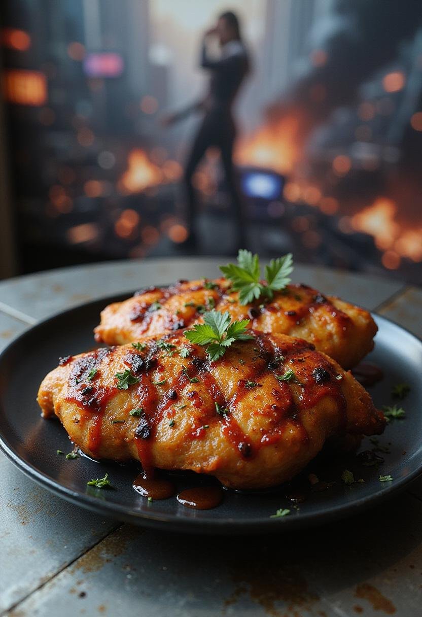 Avengers Doomsday Iron Flame Grilled Chicken plated realistically in a futuristic Avengers-themed setting, showcasing fiery glazed grilled chicken.