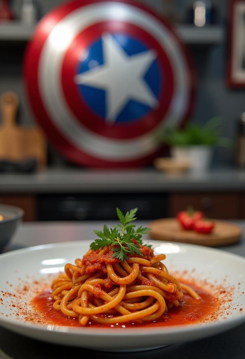 Avengers Doomsday Scarlet Heat Spicy Pasta dish served in a superhero-themed kitchen setting, featuring vibrant red sauce and fresh herbs.