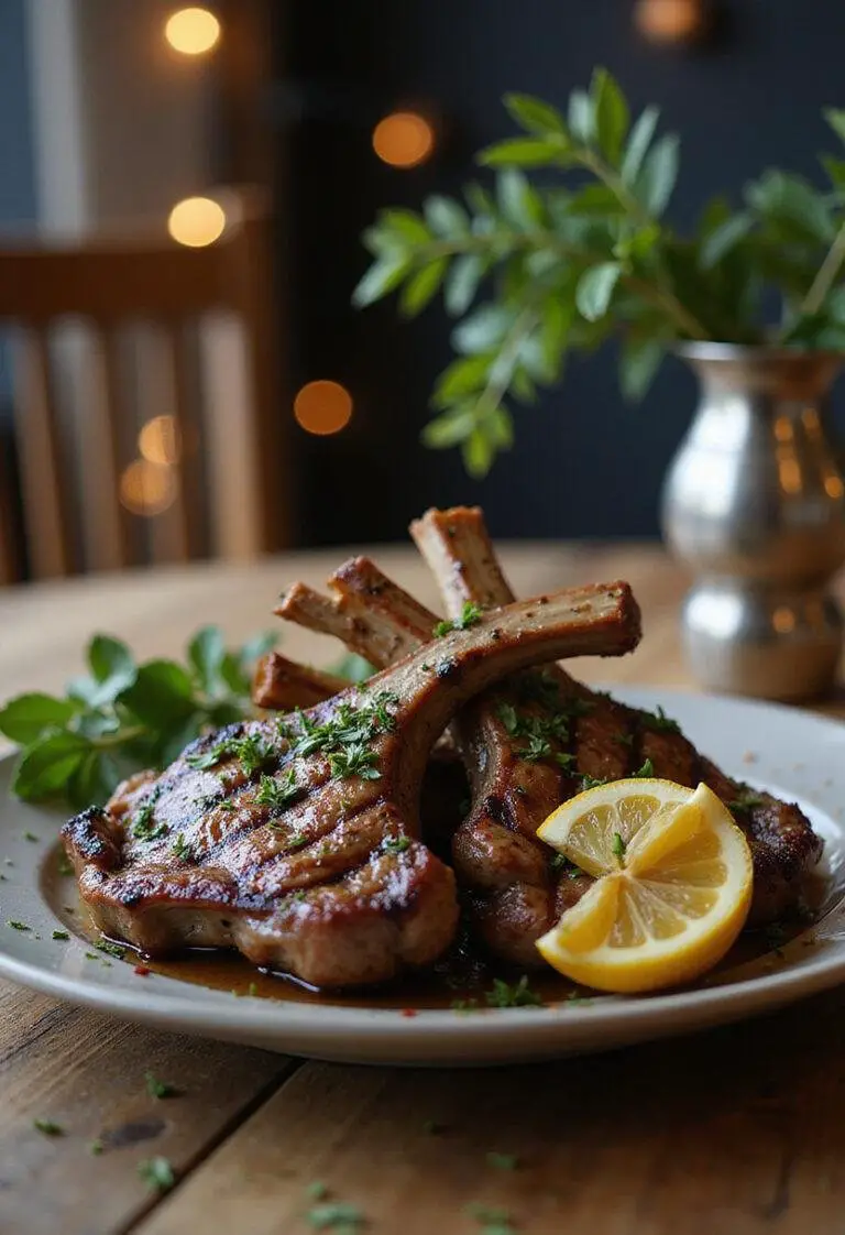 Avengers Doomsday Thor’s Thunder Lamb Chops plated on a rustic wooden table with herbs and lemon, inspired by Marvel's Asgard theme.